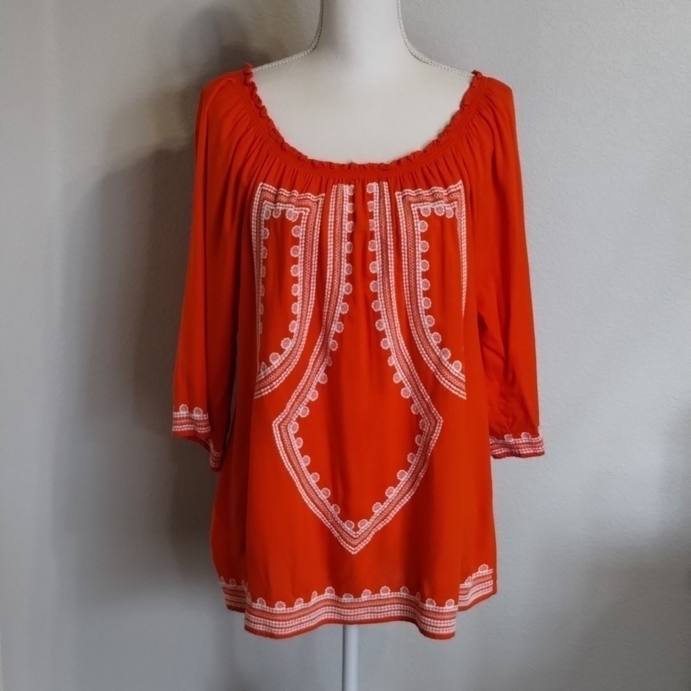 Chelsea & Theodore Orange /White Embroidered Size Large Peasant Blouse
